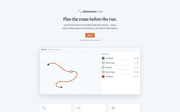 The adventures.run landing page — a route planner for hikers and trail runners